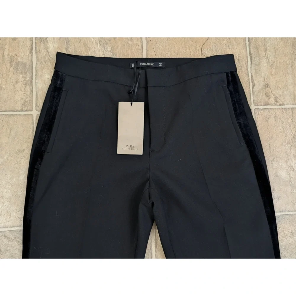 New Zara S Pants velvet tuxedo stripe on sides of legs ankle tux 3820